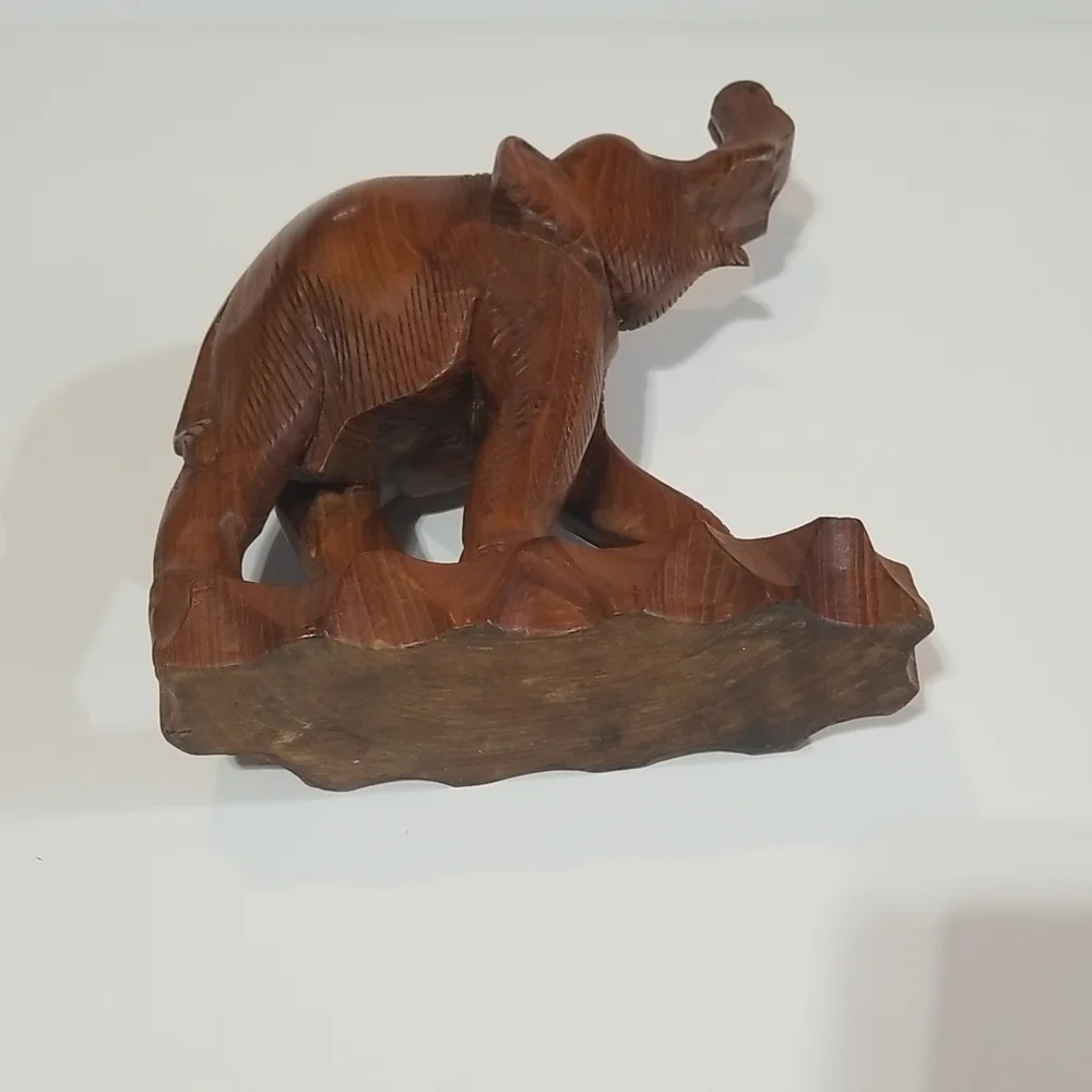 VINTAGE 14" Wooden Chunky Trunks Up Elephant on Attached Base - Picture 8 of 11